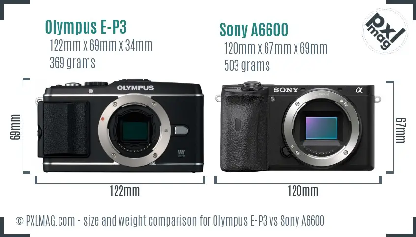 Olympus E-P3 vs Sony A6600 size comparison