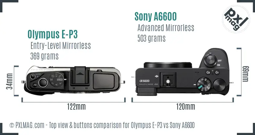 Olympus E-P3 vs Sony A6600 top view buttons comparison