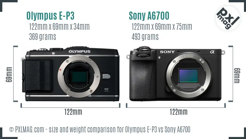 Olympus E-P3 vs Sony A6700 size comparison