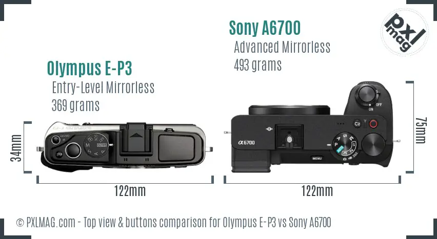 Olympus E-P3 vs Sony A6700 top view buttons comparison