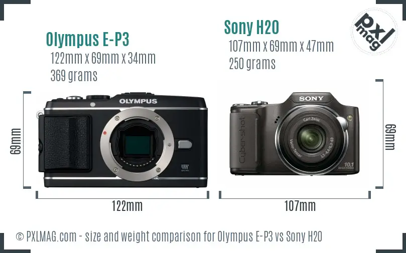 Olympus E-P3 vs Sony H20 size comparison