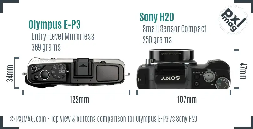 Olympus E-P3 vs Sony H20 top view buttons comparison