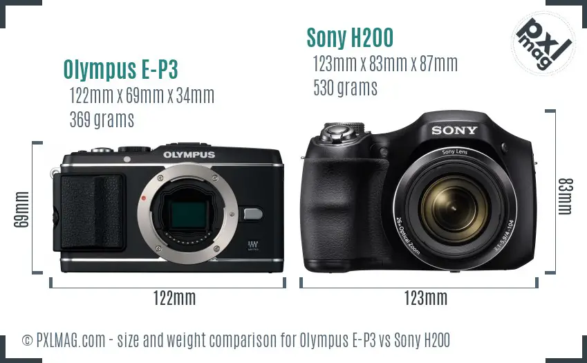 Olympus E-P3 vs Sony H200 size comparison