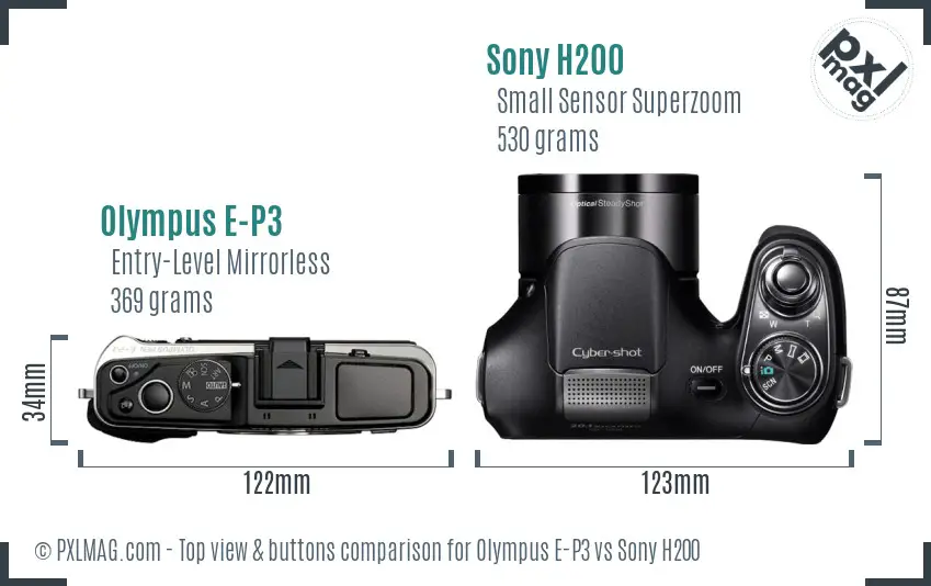 Olympus E-P3 vs Sony H200 top view buttons comparison