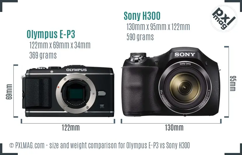 Olympus E-P3 vs Sony H300 size comparison