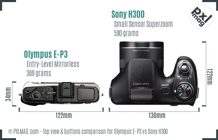 Olympus E-P3 vs Sony H300 top view buttons comparison