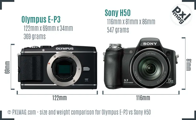 Olympus E-P3 vs Sony H50 size comparison