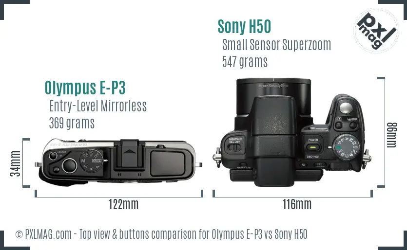 Olympus E-P3 vs Sony H50 top view buttons comparison