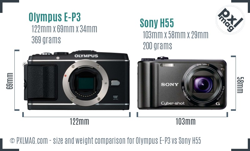 Olympus E-P3 vs Sony H55 size comparison