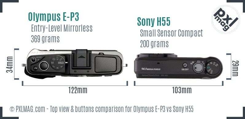 Olympus E-P3 vs Sony H55 top view buttons comparison