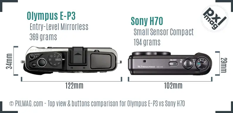 Olympus E-P3 vs Sony H70 top view buttons comparison
