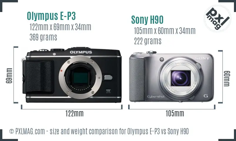 Olympus E-P3 vs Sony H90 size comparison