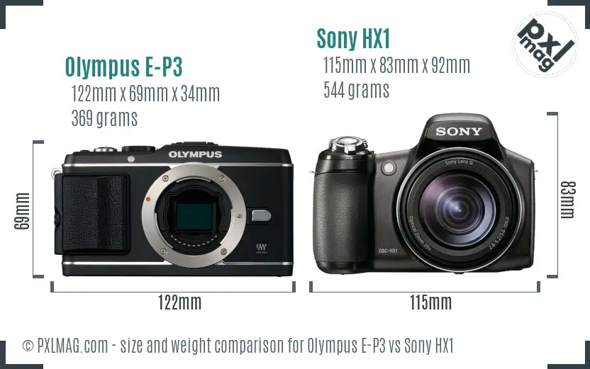 Olympus E-P3 vs Sony HX1 size comparison