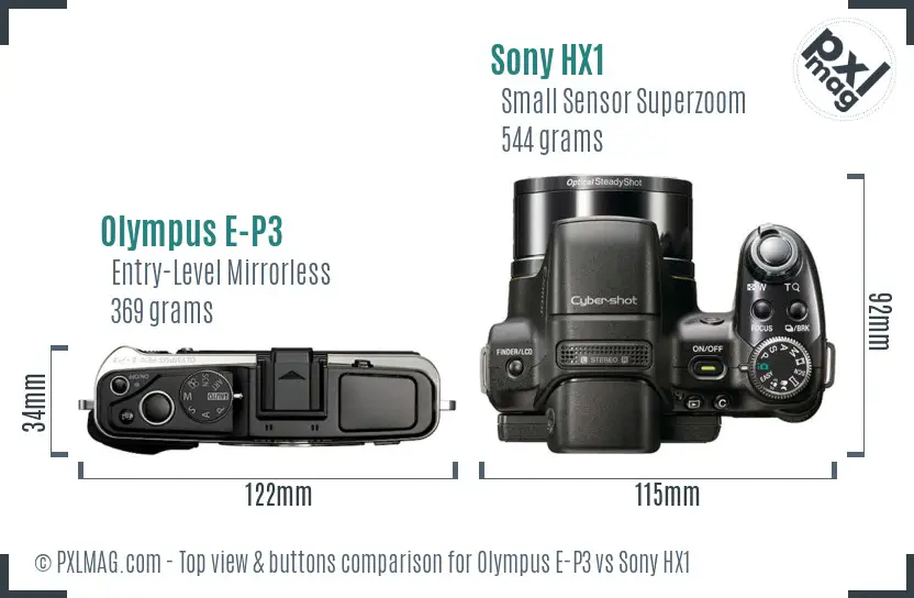 Olympus E-P3 vs Sony HX1 top view buttons comparison