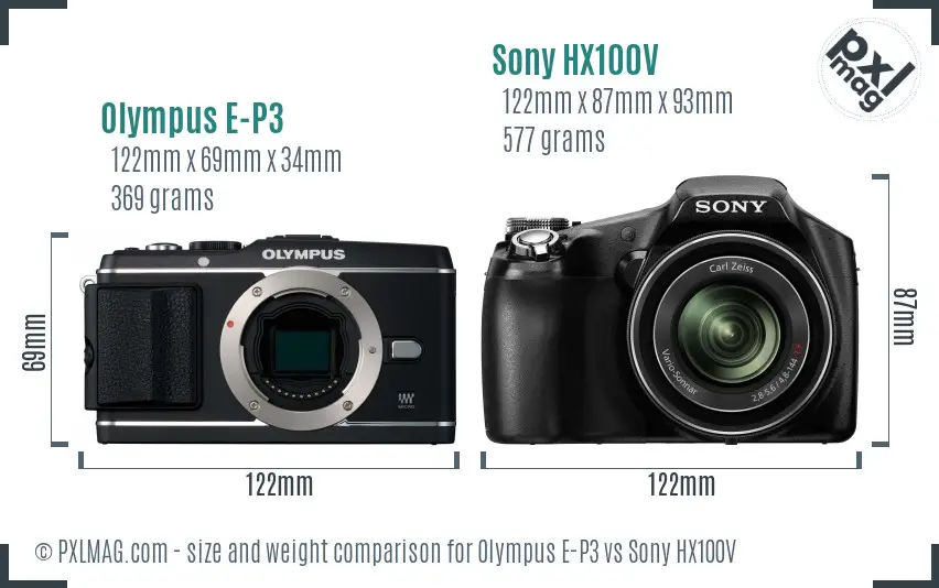 Olympus E-P3 vs Sony HX100V size comparison