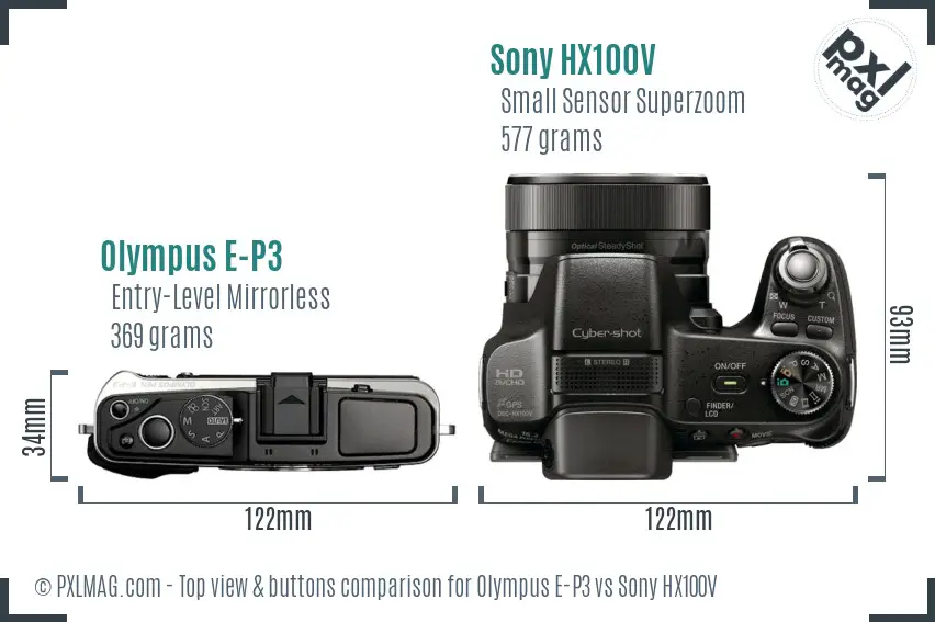 Olympus E-P3 vs Sony HX100V top view buttons comparison