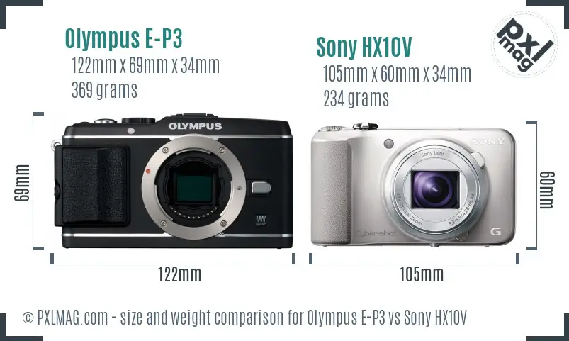 Olympus E-P3 vs Sony HX10V size comparison