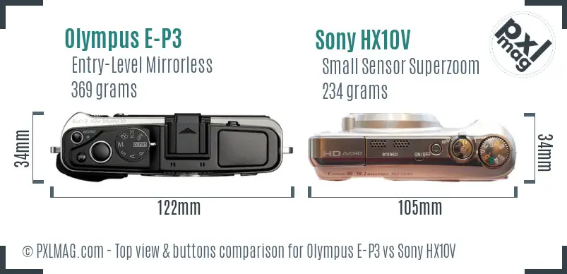Olympus E-P3 vs Sony HX10V top view buttons comparison