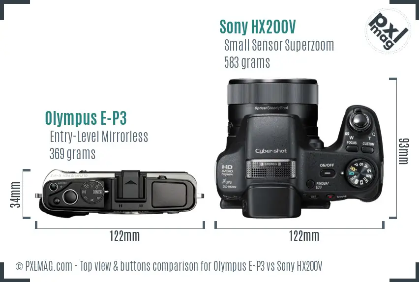 Olympus E-P3 vs Sony HX200V top view buttons comparison