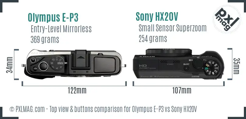 Olympus E-P3 vs Sony HX20V top view buttons comparison