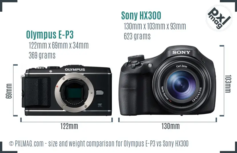 Olympus E-P3 vs Sony HX300 size comparison