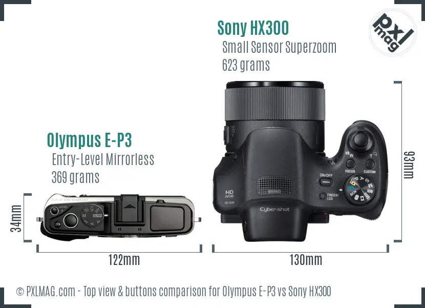 Olympus E-P3 vs Sony HX300 top view buttons comparison