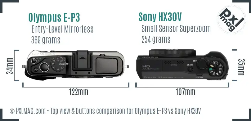 Olympus E-P3 vs Sony HX30V top view buttons comparison