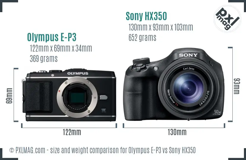Olympus E-P3 vs Sony HX350 size comparison