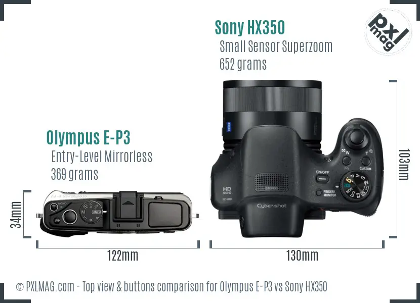 Olympus E-P3 vs Sony HX350 top view buttons comparison