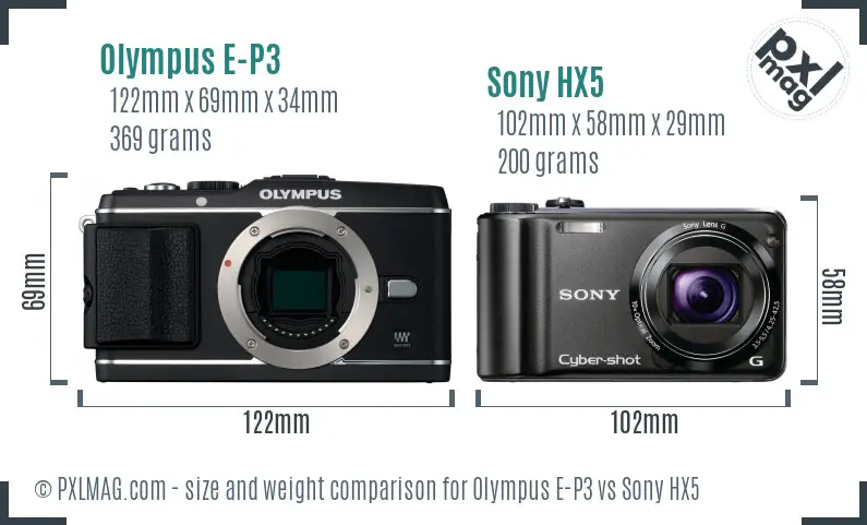 Olympus E-P3 vs Sony HX5 size comparison