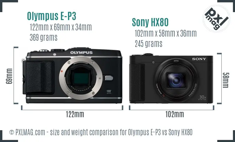 Olympus E-P3 vs Sony HX80 size comparison