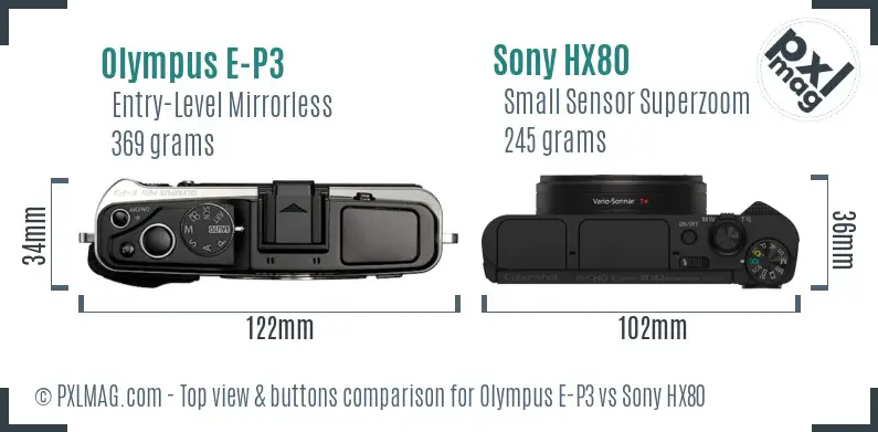 Olympus E-P3 vs Sony HX80 top view buttons comparison