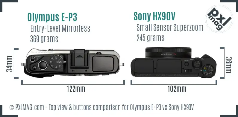 Olympus E-P3 vs Sony HX90V top view buttons comparison
