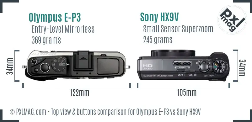Olympus E-P3 vs Sony HX9V top view buttons comparison