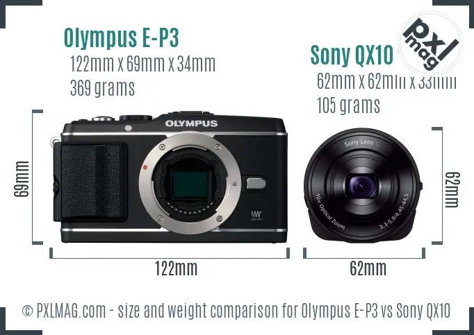 Olympus E-P3 vs Sony QX10 size comparison