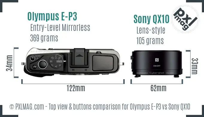 Olympus E-P3 vs Sony QX10 top view buttons comparison