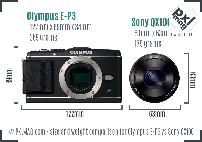 Olympus E-P3 vs Sony QX100 size comparison