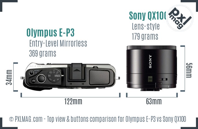 Olympus E-P3 vs Sony QX100 top view buttons comparison
