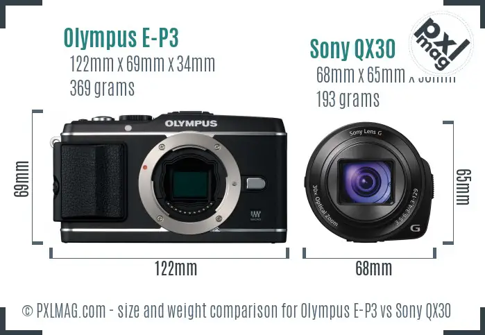Olympus E-P3 vs Sony QX30 size comparison