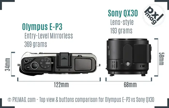 Olympus E-P3 vs Sony QX30 top view buttons comparison