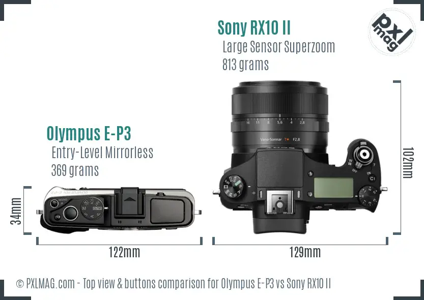 Olympus E-P3 vs Sony RX10 II top view buttons comparison