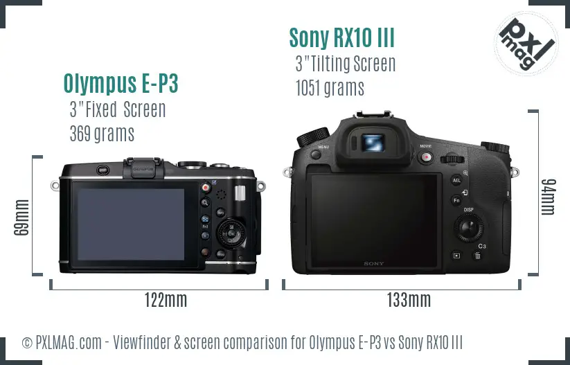 Olympus E-P3 vs Sony RX10 III Screen and Viewfinder comparison