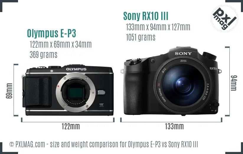 Olympus E-P3 vs Sony RX10 III size comparison