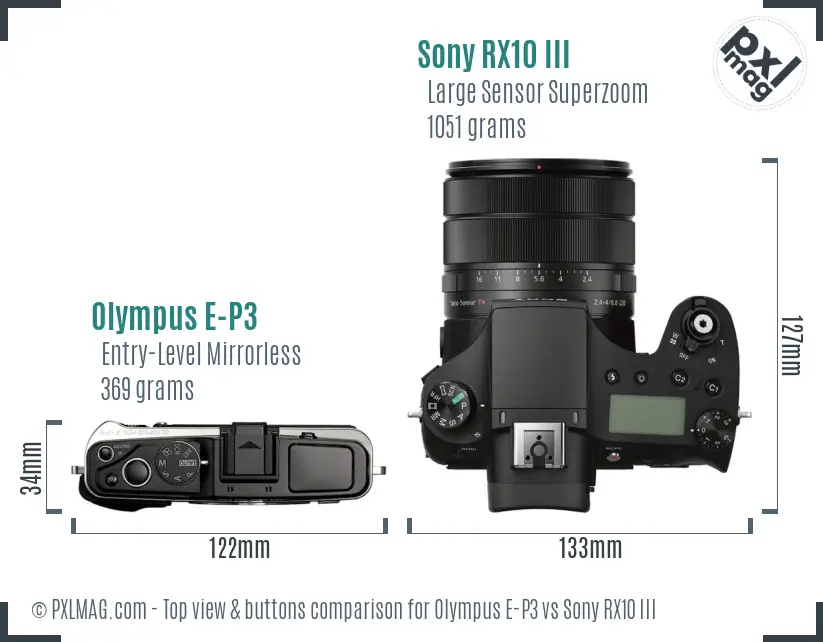 Olympus E-P3 vs Sony RX10 III top view buttons comparison