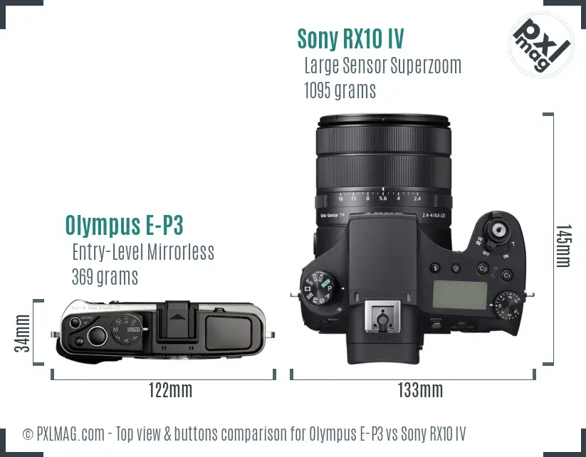 Olympus E-P3 vs Sony RX10 IV top view buttons comparison