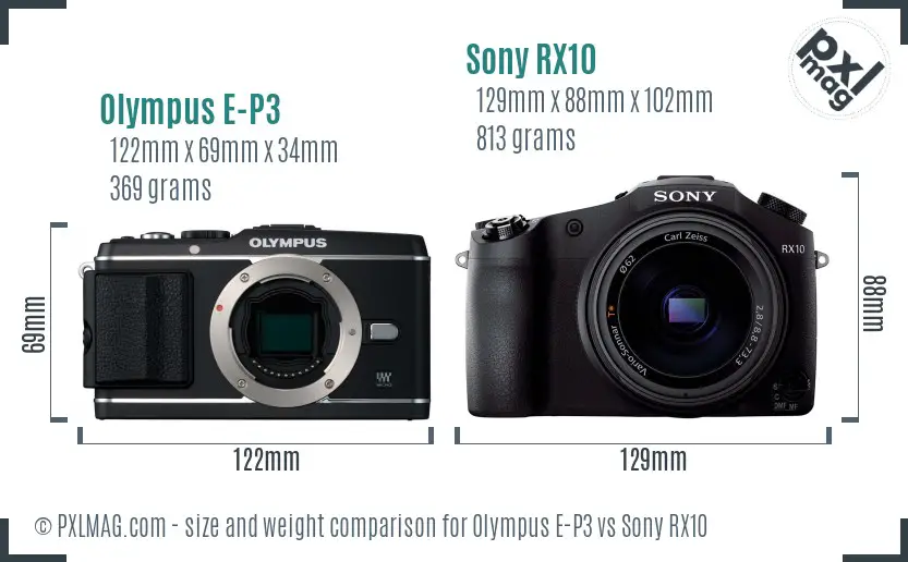Olympus E-P3 vs Sony RX10 size comparison