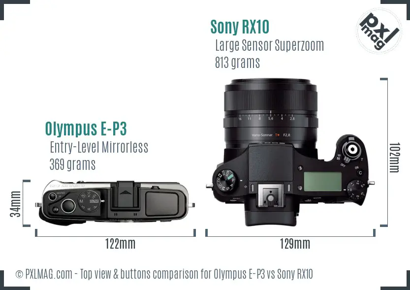 Olympus E-P3 vs Sony RX10 top view buttons comparison