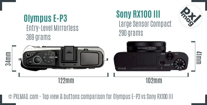 Olympus E-P3 vs Sony RX100 III top view buttons comparison