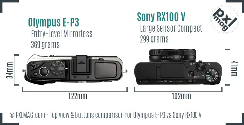 Olympus E-P3 vs Sony RX100 V top view buttons comparison