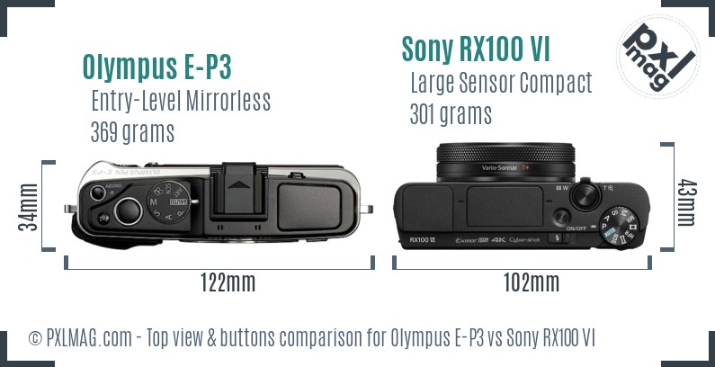 Olympus E-P3 vs Sony RX100 VI top view buttons comparison